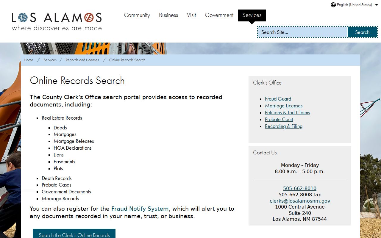 Los Alamos County civil docket County Clerk online records categories
