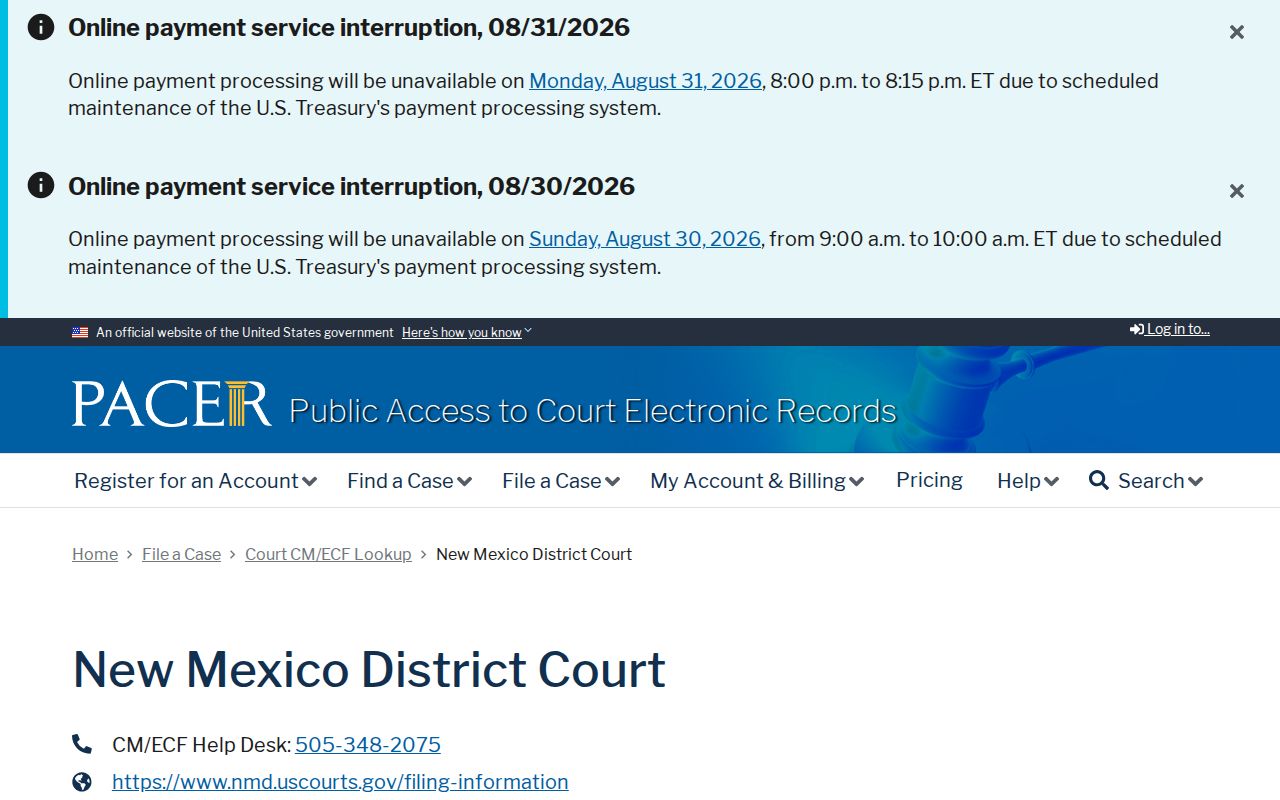 PACER court lookup information for the U.S. District Court for the District of New Mexico