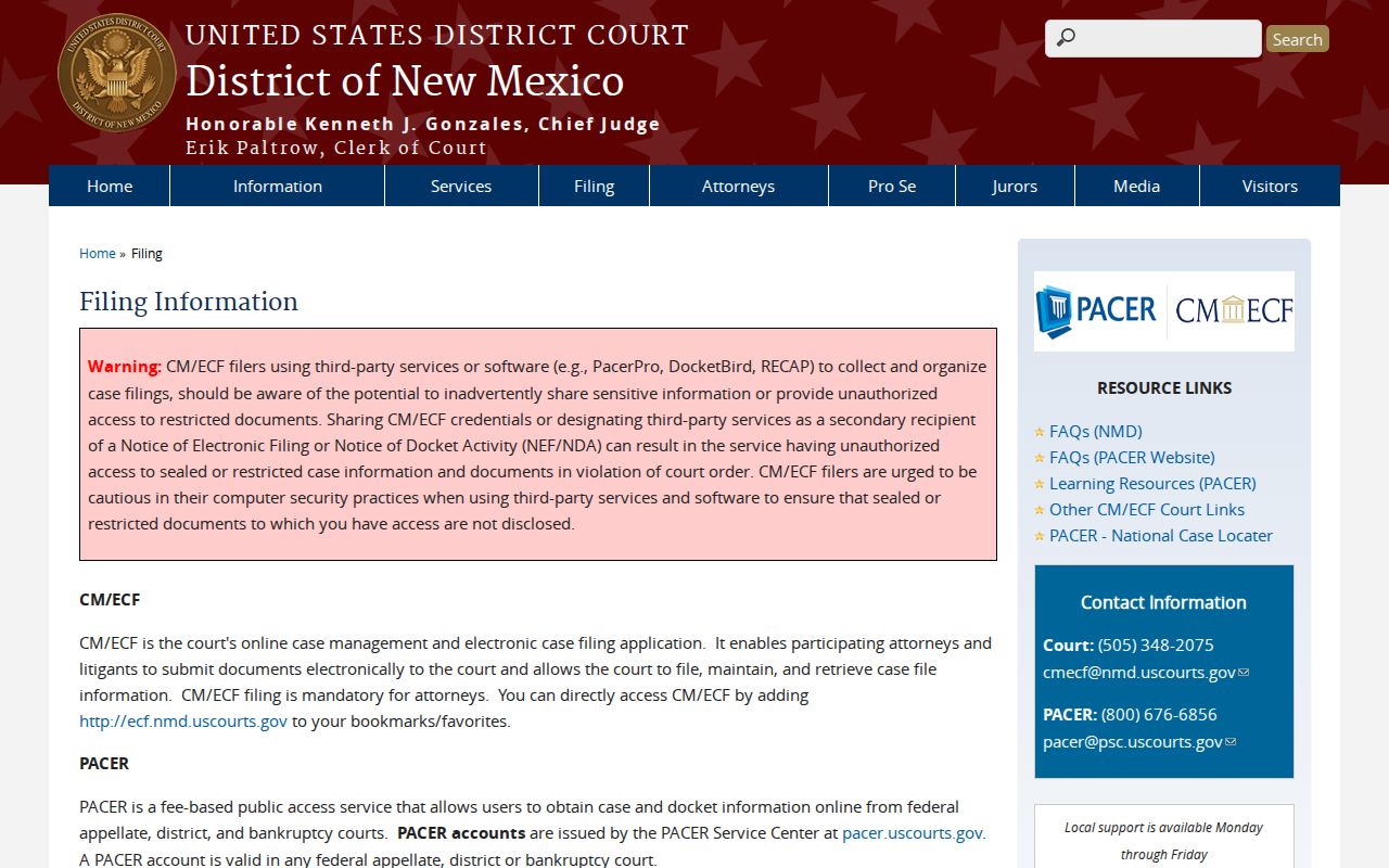 District of New Mexico filing information for CM ECF and PACER access