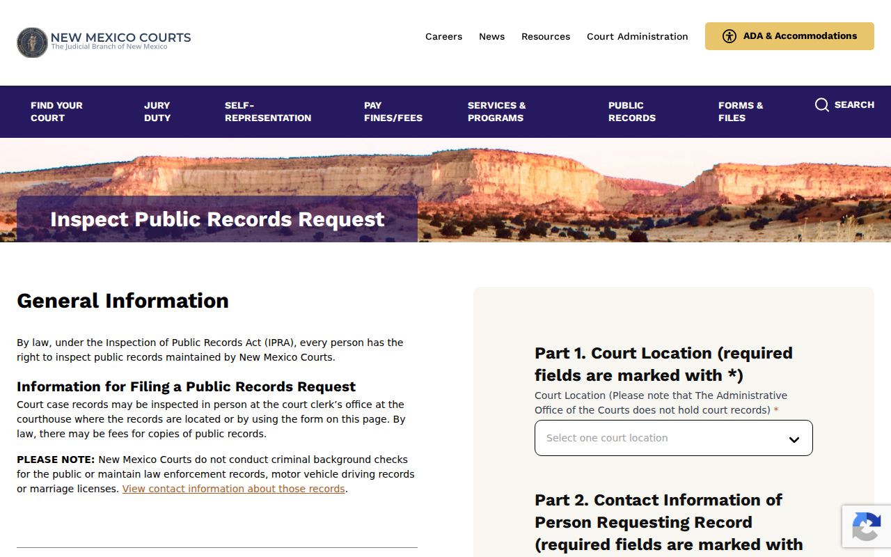 New Mexico Courts IPRA portal for selecting a court location and submitting a records request