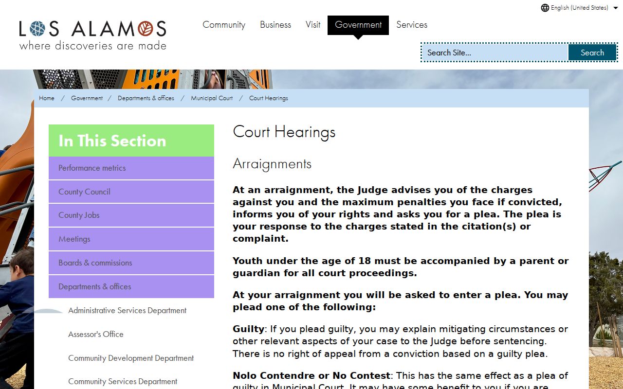 Los Alamos Municipal Court hearing information about arraignment, trial rights, subpoenas, and court procedures