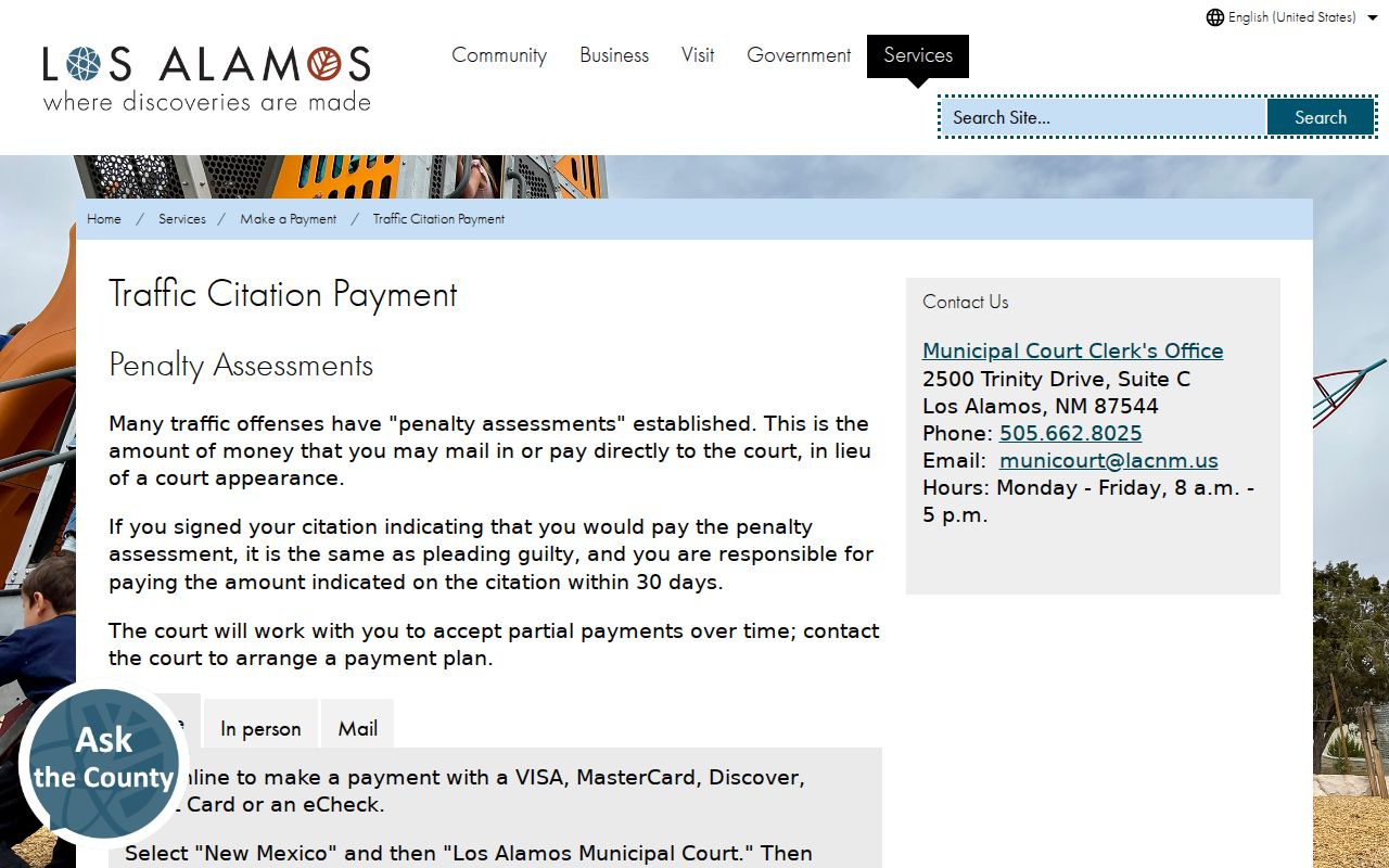 Los Alamos County traffic citation payment instructions for CitePayUSA, mail, and Municipal Court payment